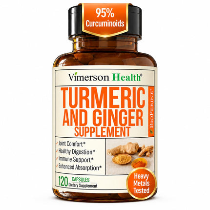 Turmeric and Ginger Supplement with Organic Tumeric for Daily Joint Support, Digestive & Immune Health – with Ginger & Black Pepper Extract (BioPerine) for Enhanced Absorption – Non-GMO – 120 Capsules