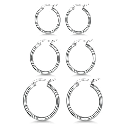 3 Pairs Sterling Silver Hoop Earrings Small Hoops for Women 15/20/25mm