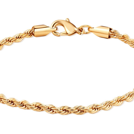 Barzel 18K Gold Plated 3MM Rope Chain Bracelet For Men & Women, Made in Brazil