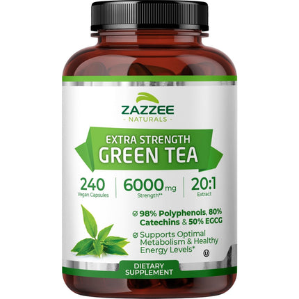 Zazzee Extra Strength Green Tea 20:1 Extract, 50% EGCG, 98% Polyphenols, 80% Catechins, 240 Vegan Capsules, 8 Month Supply, Certified Kosher, Antioxidant & Metabolism Support, Non-GMO, Made in the USA