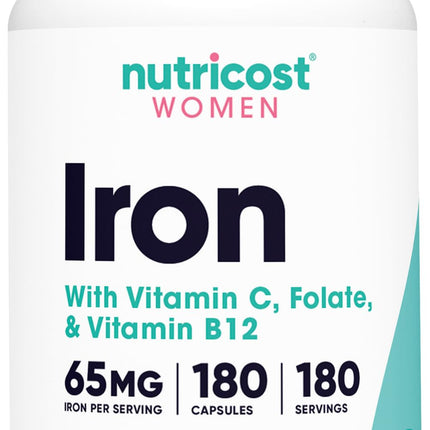 Nutricost Iron for Women 65mg, 180 Capsules, with Vitamin C, Folate, & Vitamin B12 - Vegetarian Friendly, Non-GMO, Gluten Free