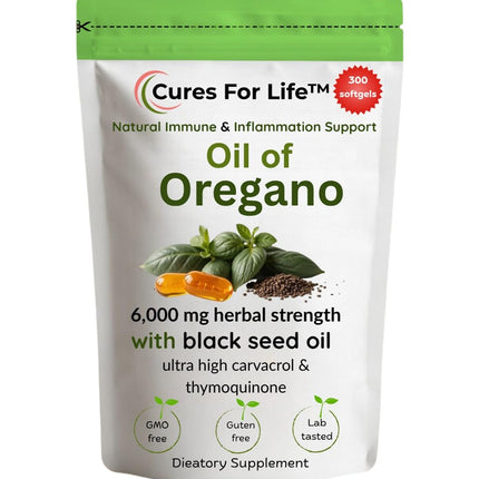 Cures For Life Oil of Oregano Softgels – 6000mg High Potency with 165mg Carvacrol & 200mg Black Seed Oil – 2-in-1 Immune Support & Digestive Health – 300 Softgels – Oregano Oil Capsules Supplement