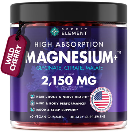 Magnesium Glycinate 2150 MG Gummies, High Absorption Magnesium Glycinate, Citrate & Malate, Sugar-Free, Vegan, Chews for Men & Women, 60 Gummies, Cherry Flavor– 60 Wild Cherry Flavor Chews