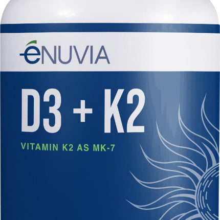 Enuvia D3+K2 - Vitamin D3 K2 Supplement for Women and Men - 60 Veggie Capsules - with Bioperine Black Pepper Extract - Supports Maximum Calcium Absorption and Heart and Bone Health - Made in The USA