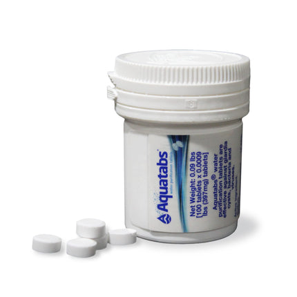 Aquatabs Water Purification Tablets (397mg, 100 Pack). Water Filtration System for Camping, Boating, Emergency Water, Survival Kit, and Marine. Easy-to-Use Water Purifier Treatment.