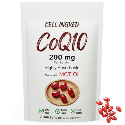 CellIngred CQ10, 200 mg per Serving, 300 softgels with Coconut MCT Oil, Highly absorbable ubiquinone Form of CoQ10, antioxidant Support for Heart and Energy Health, Non-GMO, Gluten-Free, Soy-Free.