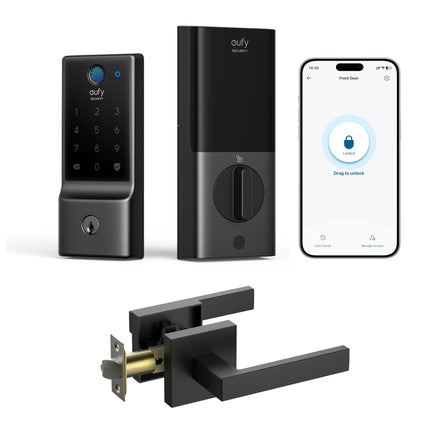 eufy Security Smart Lock Front Door Lever Set, Fingerprint Keypad Door Lock with Handle, Built-in Wi-Fi, App Control, Keyless Entry Deadbolt, 8 Months Battery, IP53 Waterproof, BHMA Certified