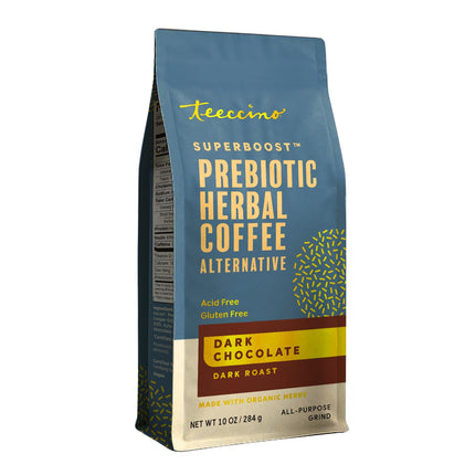 Teeccino Dark Chocolate Prebiotic SuperBoost™ Coffee Alternative - 10 Ounce - Support Probiotics with Caffeine-Free Herbal Coffee Featuring 3 Vegan Prebiotics for Gut Health