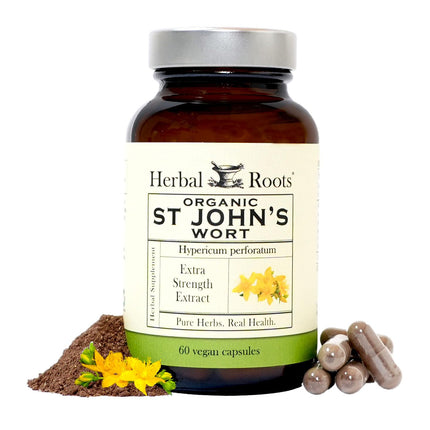 Herbal Roots Organic St Johns Wort Capsules | 450 mg per Serving | No Binders or Fillers Non GMO | 60 Vegan Capsules