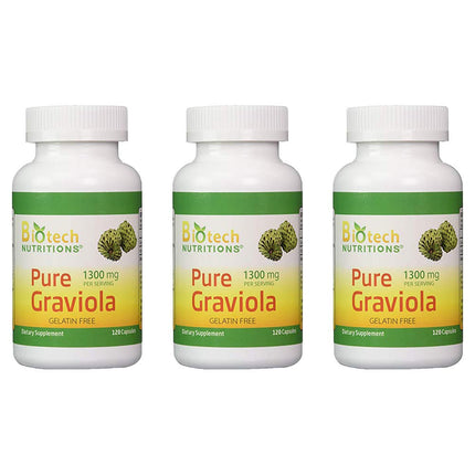 Biotech Nutritions - Graviola 100% Pure Graviola 1300mg Per Servings - 120 Capsules Per Bottle (Annona muricata) | 3-Pack