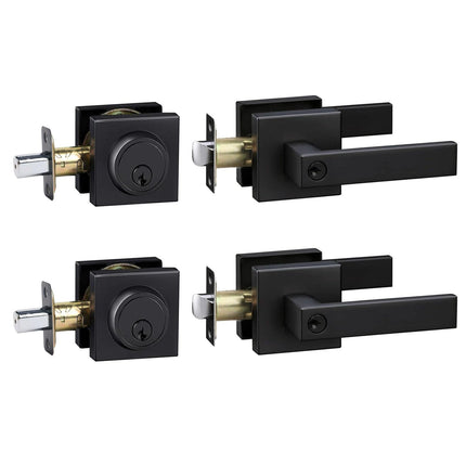 Exterior Door Lock Set,Combo Lock-Heavy Duty Black Door Handle and Single Cylinder Deadbolt Lock,Keyed Alike Door Locks for Front Door(Matte Black,2Pack Set)