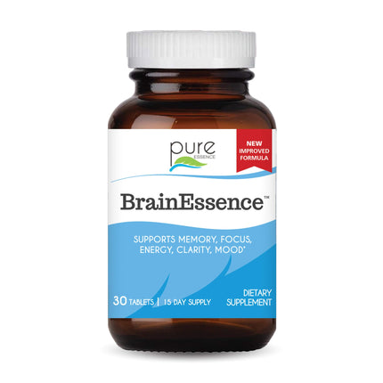 PURE ESSENCE LABS Brain Essence - Memory Supplement & Vitamin for Men, Women & Adults - Herbal Booster for Memory, Focus, Clarity & Stress Relief - Bacopa Monnieri, Ashwagandha & More (30 Tablets)