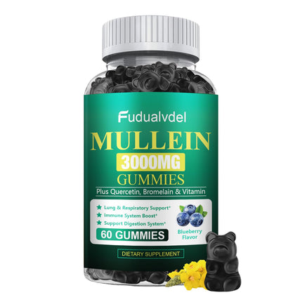 Fudualvdel 1 Pack 3000MG Organic Mullein Gummies for Lung, Mullein Leaf Extract for Lungs - Quercetin, Bromelain for Respiration，Immune and Digestive Support, 60 Count Blueberry Gummys