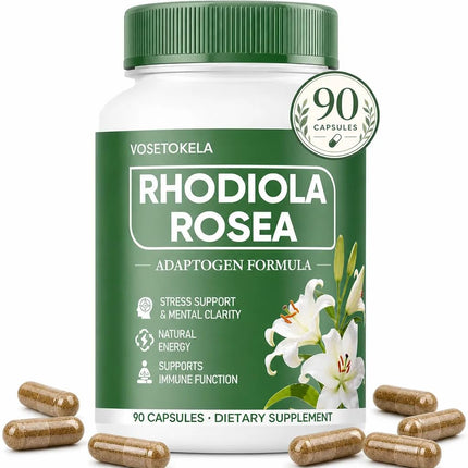 VOSETOKELA Rhodiola Rosea Capsules Supplement - Radiola Rosea Organic Golden Root Adaptogen Formula for Daily Wellness & Balance - Plant-Based Herbal Extract - 90 Capsules