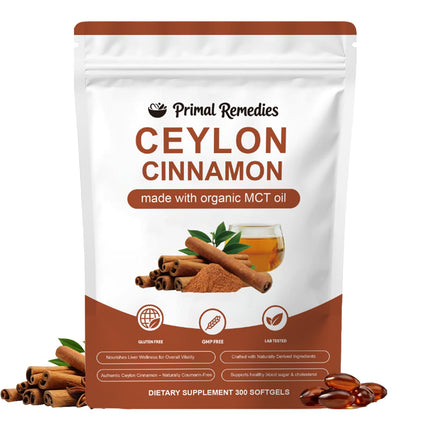 Primal Remedies Ceylon Cinnamon Made with mct Oil, Primalremedies Ceylon Cinnamon,Gluten Free, Non-GMO, Highly Bioavailable - 300 Softgels (1PCS)