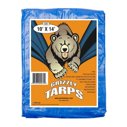 Grizzly Tarps by B-Air 10' x 14' Large Multi-Purpose Waterproof Heavy Duty Poly Tarp with Grommets Every 36", 8x8 Weave, 5 Mil Thick, for Home, Boats, Cars, Camping, Protective Cover, Blue