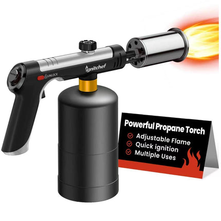 IgnitChef Propane Torch Gun with One-Touch Max Fire, Kitchen Blow Torch with a Safety Lock for Sous Vide Searing Steak, Grill, Charcoal Starter, Campfire (Propane Tank Not Included)