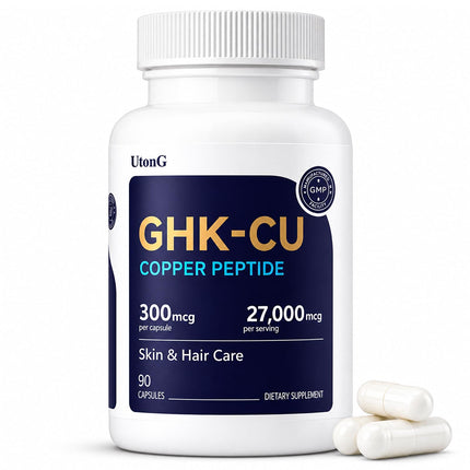 UtonG GHK-Cu Copper Peptide Supplement, Anti-Aging & Hair Growth Support, Improves Skin Elasticity & Firmness, Thicker, Fuller Hair, Easy Absorption, Precisely Dosed, 90 Vegan Capsules