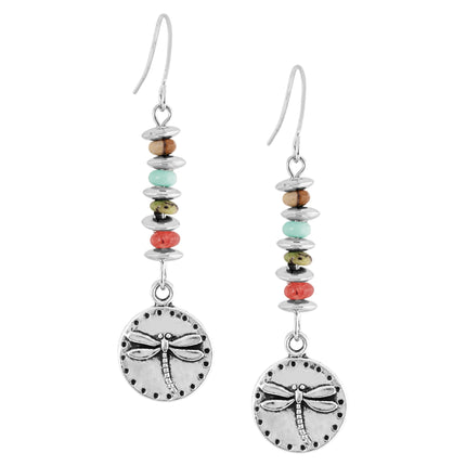 MINACHI Boho Dragonfly Silver-Tone with Stone Bead Accent Dangle Earrings