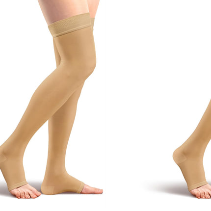 Amazon Basic Compression Stockings, 20-30 mmHg, Women & Men, Thigh Length | Open Toe | Beige | Large | Pack of 2 (Previously Amazon Basic Care)