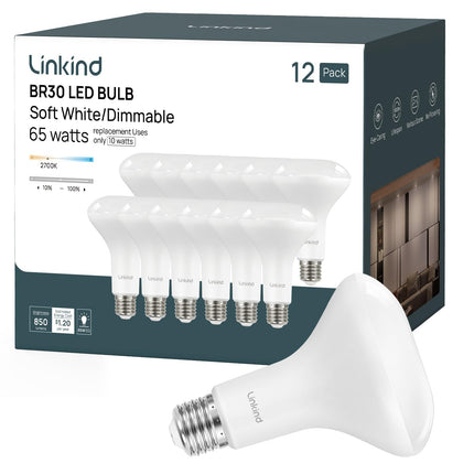 Linkind BR30 LED Flood Light Bulbs Indoor, 65W Equivalent Dimmable LED Recessed Bulbs, 10W 850 Lumens, 2700K Soft White E26, UL FCC Certified, Recessed Can Light Bulb for Bedroom Bathroom, 12 Packs
