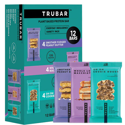 TRUBAR Vegan Protein Bar Variety Pack, Assorted Flavors, Peanut Butter, Macchiato, Cookie Dough, Gluten Free, Vegan Protein Snacks, 12G Plant-Based Protein, High Fiber, Healthy Protein Bars, 12 CT