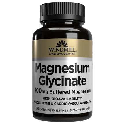 Windmill Magnesium Glycinate 200mg, High Absorption Magnesium Supplement, Buffered Formula, 120 Capsules, Non-GMO, Gluten Free, Supports Muscle, Nerve, Bone & Cardiovascular Health