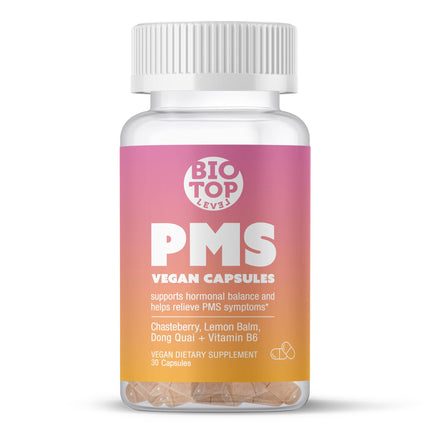 BIOTOPLEVEL PMS Support Supplement for Women & PMS Relief, Hormone Balance & Menstrual Period Relief for Cramps, Bloating & Mood Swings with Chasteberry, Vitamin B6, Lemon Balm, Dong Quai, 30 Count