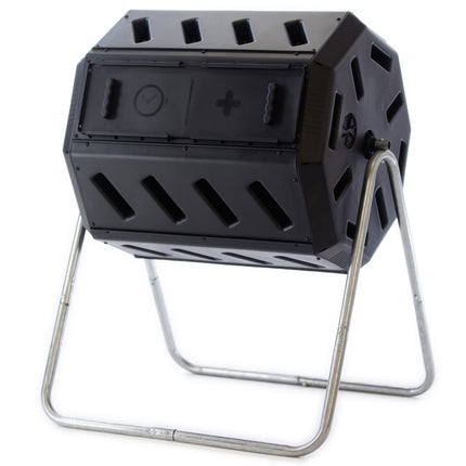 FCMP Outdoor Heavy Duty 37 Gallon 8 Sided Steel Portable Plastic Dual Chamber Tumbling Composter Outdoor Elevated Rotating Garden Compost Bin, Black