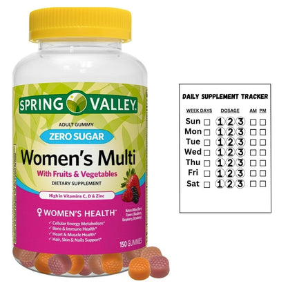 Spring Valley Zero Sugar Women's Multi Gummy, 150 Count, Pack 01 + Daily Supplement Tracker Sticker