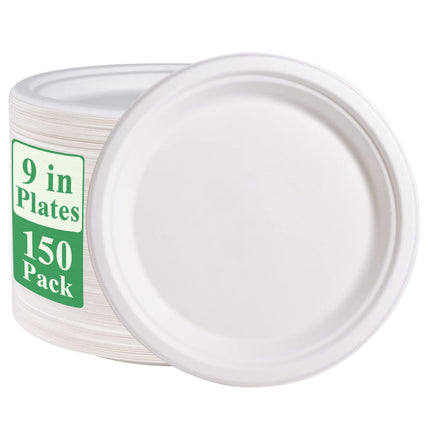 Vplus 150 Pack Paper Plates 9 inch 100% Compostable, Heavy-Duty Disposable Paper Plates Bagasse Natural Biodegradable Eco-Friendly Sugarcane（White）