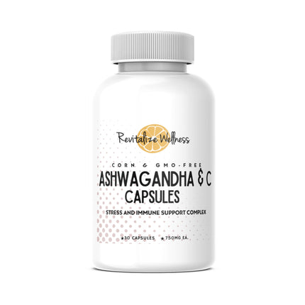 Revitalize Wellness Ashwagandha + Vitamin C Capsules | Stress and Immune Support Complex | with 550 mg Ashwagandha and 200 mg Vitamin C per Serving | 30 Servings