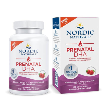 Nordic Naturals Prenatal DHA, Strawberry - 120 Soft Gels - 830 mg Omega-3 + 400 IU Vitamin D3 - Supports Brain Development in Babies During Pregnancy & Lactation - Non-GMO - 60 Servings