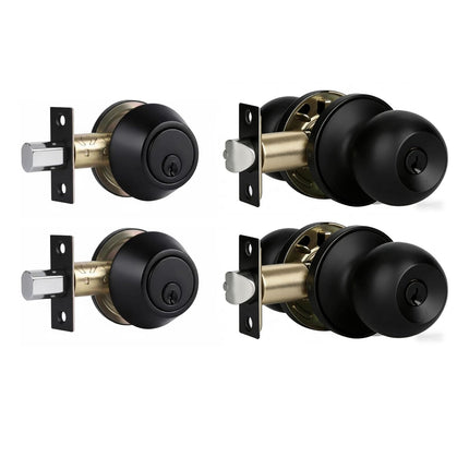 Exterior Door Lock Set with Deadbolt, Single Cylinder Deadbolt Lock and Door Knob Set, Keyed Alike Door Locks for Front Door,Matte Black Door Knob and Deadbolt Set(2Pack Set)