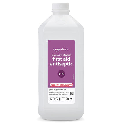 Amazon Basics Isopropyl Alcohol 91% First Aid Antiseptic, Multipurpose Disinfectant for Minor Cuts and Scrapes, Unscented, 32 fl oz Bottle, Pack of 1 (Previously Solimo)