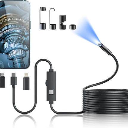Kinpthy Endoscope Camera with Light,1920P HD Borescope Tools with 8 Adjustable LED Lights, Endoscope with Semi-Rigid Snake Camera, Inspection Borescope for iOS and Android-16.4ft Single Lens