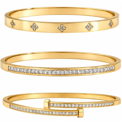 Xigocorsn Gold Bangles Bangle Bracelets Set for Women, genuine gold electroplating 3 Piece Elliptical Design with Cubic Zirconia Accents, 2.36 Inch Diameter, Waterproof Stainless Steel