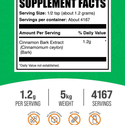 BulkSupplements.com Ceylon Cinnamon Extract Powder - Cinnamon Extract, Cinnamon Ceylon - Cinnamon Supplement, Pack of 1 - Gluten Free & Soy Free, 1000mg per Serving, 5kg (11 lbs)