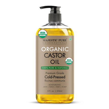 Majestic Pure Oil - 100% Pure and Natural- Cold Pressed & Hexane Free Natural Hair Growth Oil for Eyelashes, Eyebrows, Skin, Body, Face, Nails & Scalp - USDA Organic Castor Oil 8 Fl Oz