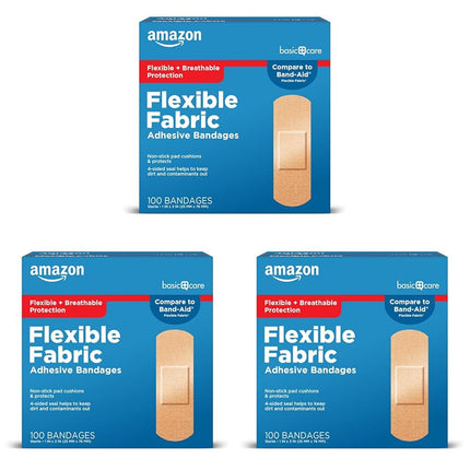 Amazon Basic Care Adhesive Bandages, Flexible Fabric, 100 Count | Pack of 3 | All-One Size | First Aid