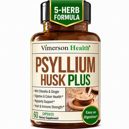 Psyllium Husk Powder 1080mg Fiber Supplement - Psyllium Husk Capsules with Slippery Elm and Ginger Root for Regularity, Digestive and Gut Health - Gentle on Stomach - Non-GMO - 60 Vegan Capsules