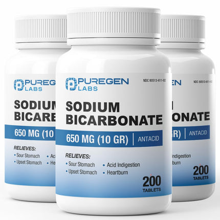 Puregen Labs Sodium Bicarbonate Tablets 650mg (10 Grains) - Total 600 Count | Baking Soda Supplement, Natural Relief of Acid Indigestion, Heartburn, Sour Stomach & Upset Stomach