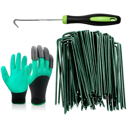 Bakulyor 100Pcs Green Landscape Staples 6 Inch Garden Artificial Turf Stakes Staples, 11 Gauge Lawn Galvanized Ground Fabric Pins for Weed Barrier Sod Decorations Holding Fence and Irrigation Tubing