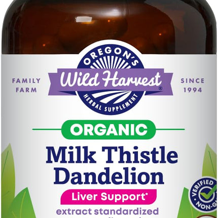 Oregon's Wild Harvest Certified Organic Milk Thistle Dandelion Capsules Liver Support Extract Standardized to 80% Silymarin, 90 Count