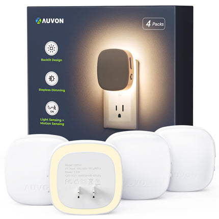 AUVON Plug-in LED Backlit Night Light with Motion Sensor & Dusk to Dawn Sensor, 2200K Soft Warm White Nightlight with 1-50lm Dimmable Brightness for Adults & Kids' Bedroom, Bathroom, Hallway (4 Packs)