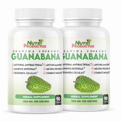 Nutrisalud Products Capsulas de Guanabana Extra potente 1350mg per Serving. Set de 2 frascos con 90 Cap c/u. Aumenta Defensas, Anti Inflamatorio, Mejora Presion Arterial, Regenera Celulas.
