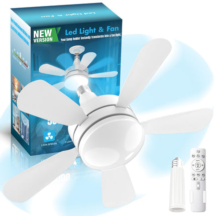 WZZIW 17.7" Socket Fan Light, 3000 Lumens Small Ceiling Fans with Lights and Remote, E26/E27 Light Bulb Fan with Reversible Motor, Dimmable 3000K-6500K Light Socket Fan for Bedroom Kitchen Garage