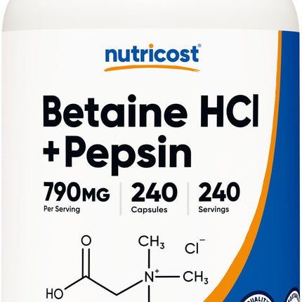 Nutricost Betaine HCl + Pepsin 790mg, 240 Capsules - Vegetarian & GMO Free