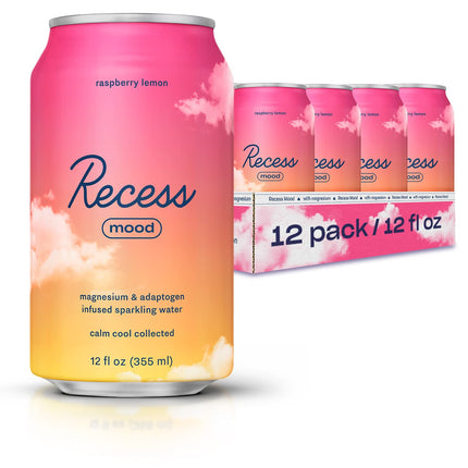 Recess Mood Magnesium & Adaptogen Drink, Calming Relaxation Beverage, 12 Ounce (Raspberry Lemon, 12 Pack)