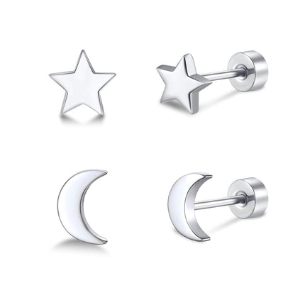 FACOKO 2 Pairs Flat Back Earrings for Women, Silver Star and Moon Earring, Titanium Screwback Studs, Hypoallergenic Silver Cartilage Stud for Sensitive Ears
